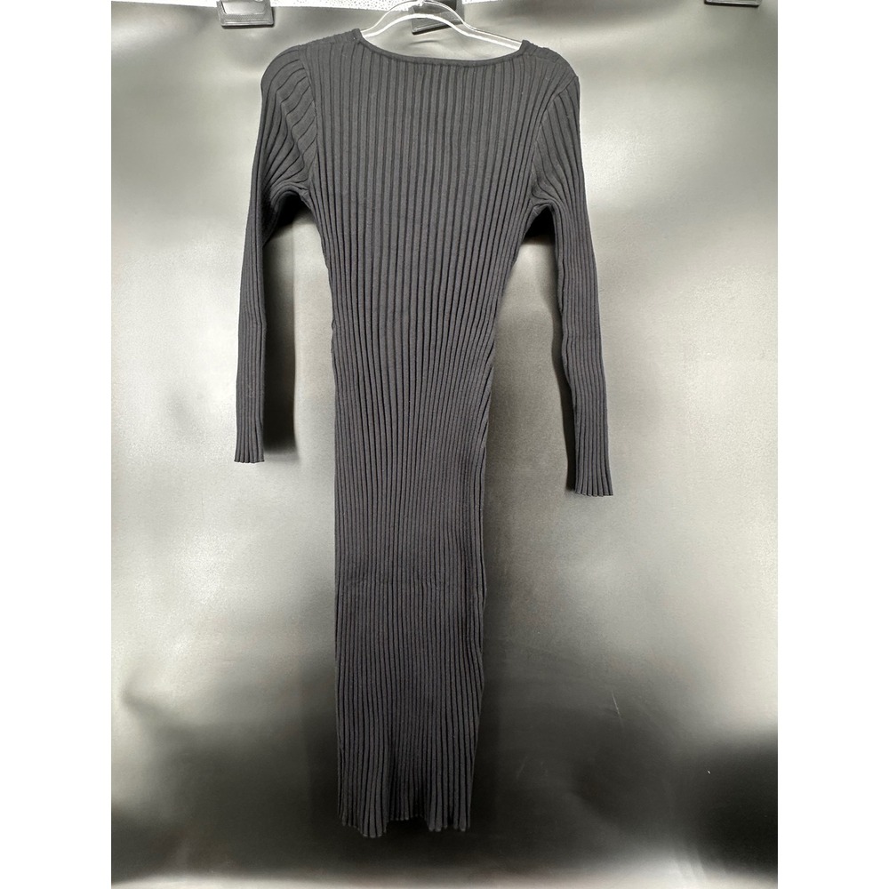 Lillusory Black Ribbed Long Sleeve Cutout Front Bodycon Midi Dress - Picture 3 of 6